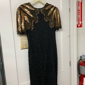 Stenay 100% silk gold short sleeve black and gold dress- sequins P size 10